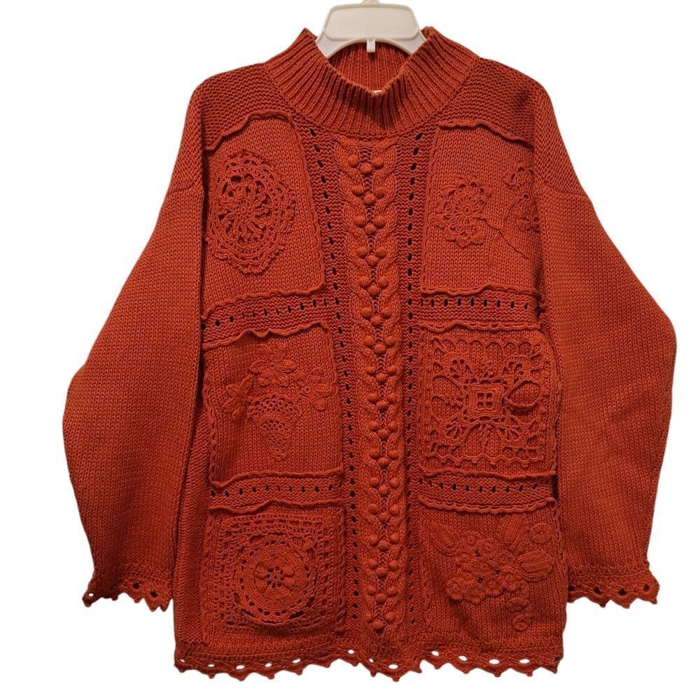 Vintage Rebecca Stone Ramie Blend Patchwork Crochet Grannycore Popcorn Sweater M
